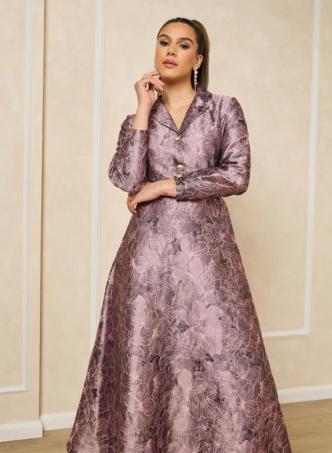 Styli Jacquard Collared Long Sleeves A-Line Maxi Dress - Image 2