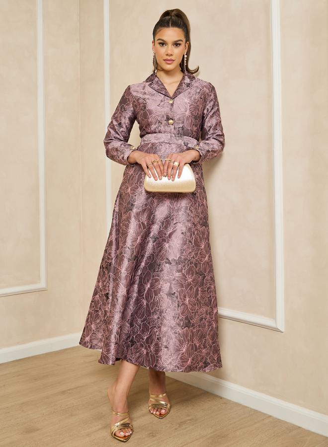Styli Jacquard Collared Long Sleeves A-Line Maxi Dress - Image 1