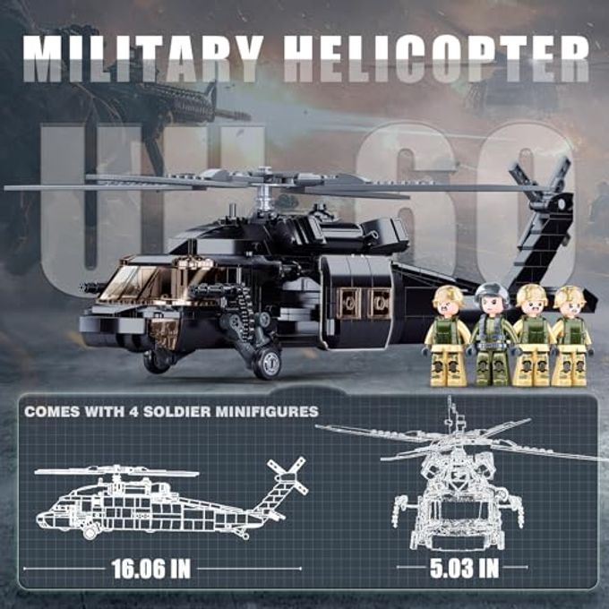 Sluban UH-60 Helicopter Black Hawk Model, Military Army Airplane Building Set, Helicopter Toy Kits Including 4 Soldier Minifigures, Gifts for 6-12 Year Old Kids, Compatible with Lego Plane, 692 PCS1 - Image 3