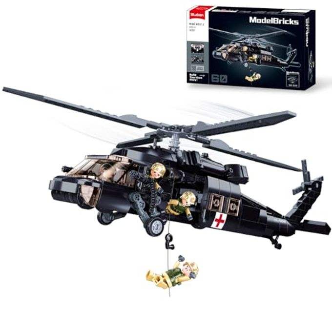 Sluban UH-60 Helicopter Black Hawk Model, Military Army Airplane Building Set, Helicopter Toy Kits Including 4 Soldier Minifigures, Gifts for 6-12 Year Old Kids, Compatible with Lego Plane, 692 PCS1 - Image 1