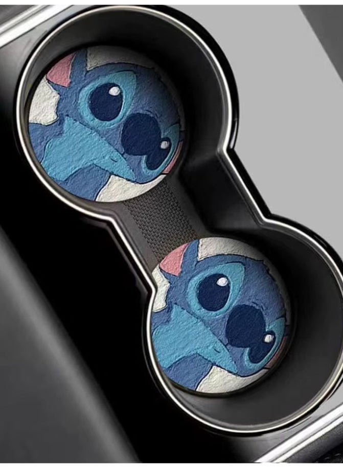 قطعتين قاعدة اكواب سيارة مانعه للانزلاق بتصميم شخصية ستيتش الكرتونية اكسسوار وزينة سيارة مميزة