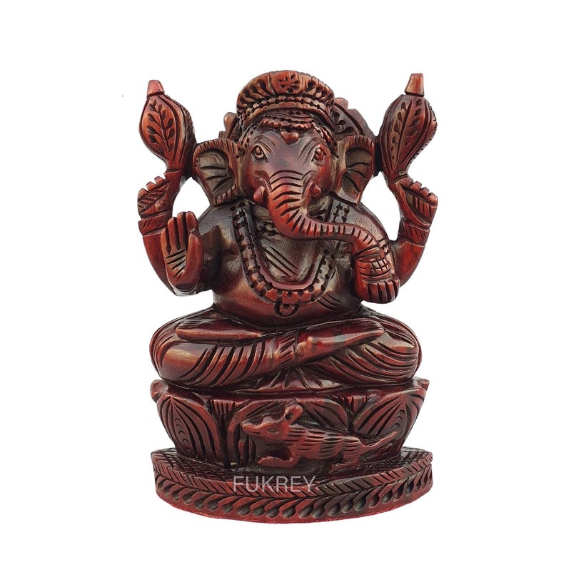 FUKREY Red Sandalwood Ganesha Statue Orignal Lal Chandan Lord Ganesha Idol murti Showpiece Lord Ganesh Statue for Home Office Desk Puja Room Figurine Gift 4 Inches - Image 1