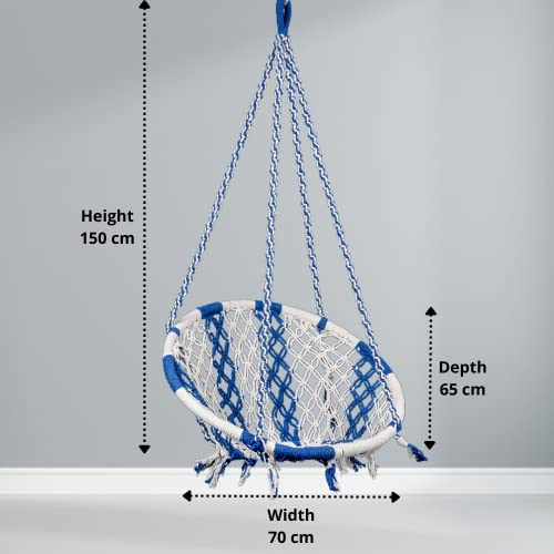 Swingzy Cotton Netted Rope Hanging Swing Chair for Adults/Swing for Balcony/Outdoor Swing Chair/Hammock Swing for Home, Patio, Garden, Indoor/Balcony Hanging Chair (120 Kg Capacity, White & Blue) - Image 3