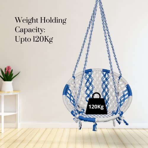 Swingzy Cotton Netted Rope Hanging Swing Chair for Adults/Swing for Balcony/Outdoor Swing Chair/Hammock Swing for Home, Patio, Garden, Indoor/Balcony Hanging Chair (120 Kg Capacity, White & Blue) - Image 4