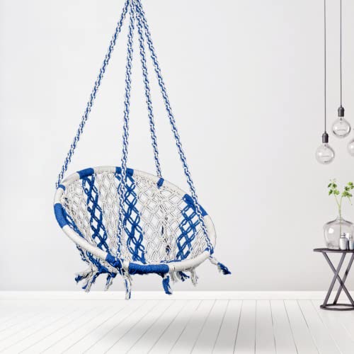 Swingzy Cotton Netted Rope Hanging Swing Chair for Adults/Swing for Balcony/Outdoor Swing Chair/Hammock Swing for Home, Patio, Garden, Indoor/Balcony Hanging Chair (120 Kg Capacity, White & Blue) - Image 1