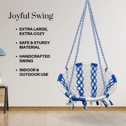 Swingzy Cotton Netted Rope Hanging Swing Chair for Adults/Swing for Balcony/Outdoor Swing Chair/Hammock Swing for Home, Patio, Garden, Indoor/Balcony Hanging Chair (120 Kg Capacity, White & Blue) - Image 2