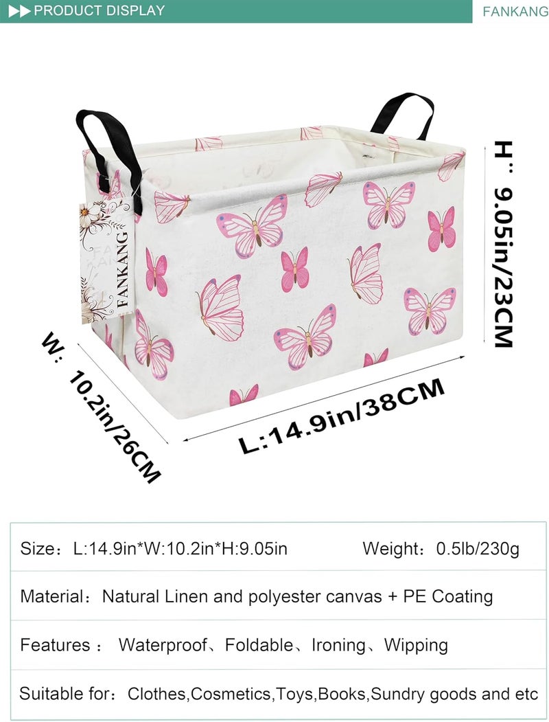 FANKANG Storage Bins, Nursery Hamper Canvas Laundry Basket Foldable with Waterproof PE Coating Large Storage Baskets for Kids Boys and Girls, Office, Bedroom, Clothes,Toys(Rec-pink butterfly ） - Image 2