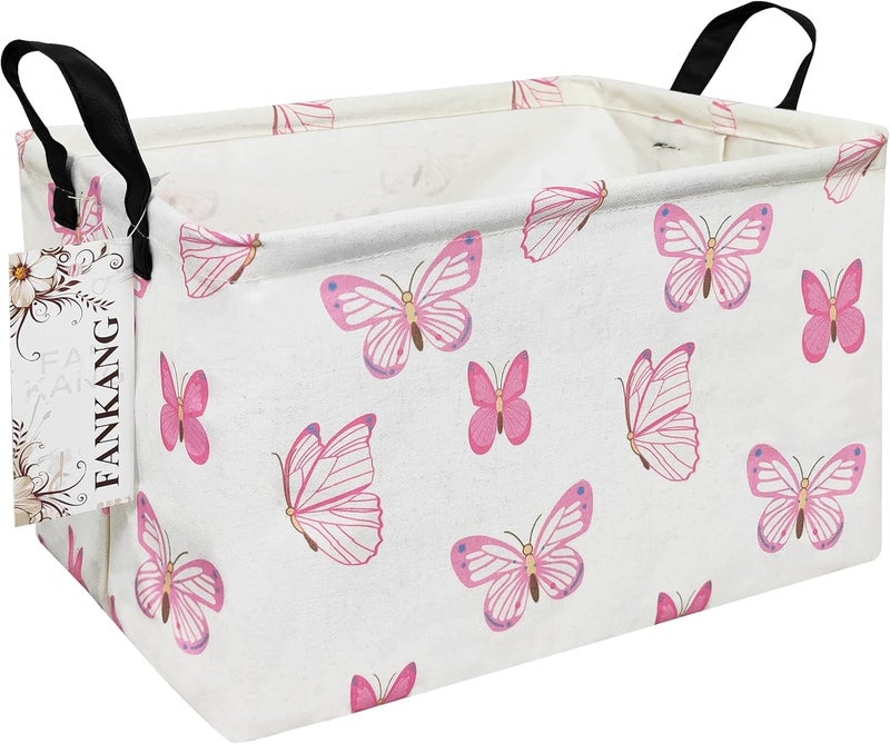 FANKANG Storage Bins, Nursery Hamper Canvas Laundry Basket Foldable with Waterproof PE Coating Large Storage Baskets for Kids Boys and Girls, Office, Bedroom, Clothes,Toys(Rec-pink butterfly ） - Image 1