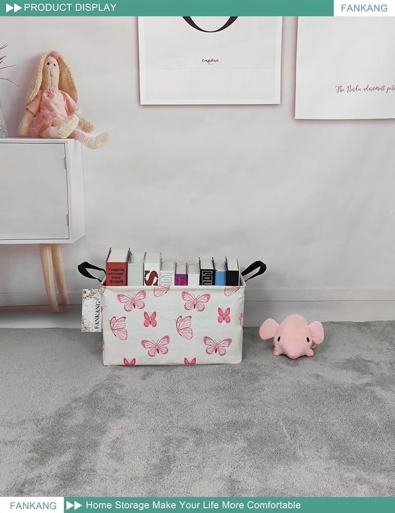 FANKANG Storage Bins, Nursery Hamper Canvas Laundry Basket Foldable with Waterproof PE Coating Large Storage Baskets for Kids Boys and Girls, Office, Bedroom, Clothes,Toys(Rec-pink butterfly ） - Image 4