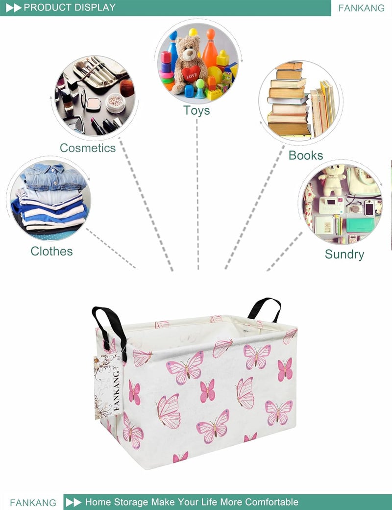 FANKANG Storage Bins, Nursery Hamper Canvas Laundry Basket Foldable with Waterproof PE Coating Large Storage Baskets for Kids Boys and Girls, Office, Bedroom, Clothes,Toys(Rec-pink butterfly ） - Image 3