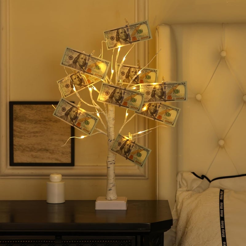 Nakolulu Money Tree Gift Card Holder 24 LED Birch Tree Lamp Battery/USB Powered Light Up White Trees Gift Card Holder with 22 Clear Clips for Photo Birthday Fall Thanksgiving Halloween Christmas - Image 2