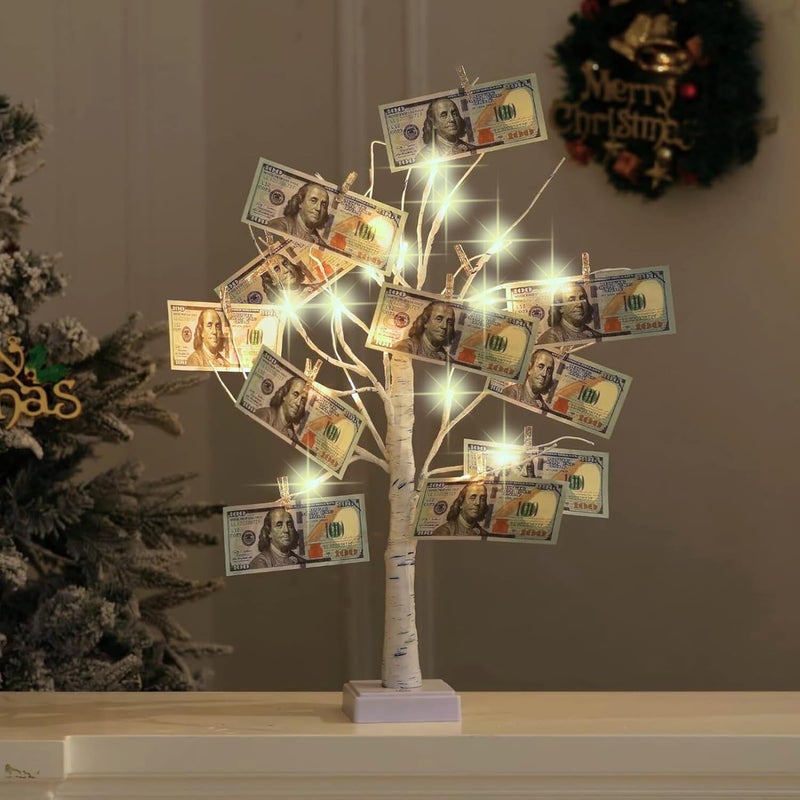 Nakolulu Money Tree Gift Card Holder 24 LED Birch Tree Lamp Battery/USB Powered Light Up White Trees Gift Card Holder with 22 Clear Clips for Photo Birthday Fall Thanksgiving Halloween Christmas - Image 1