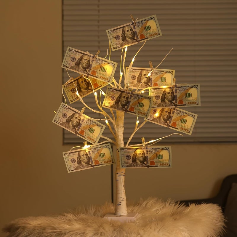 Nakolulu Money Tree Gift Card Holder 24 LED Birch Tree Lamp Battery/USB Powered Light Up White Trees Gift Card Holder with 22 Clear Clips for Photo Birthday Fall Thanksgiving Halloween Christmas - Image 4