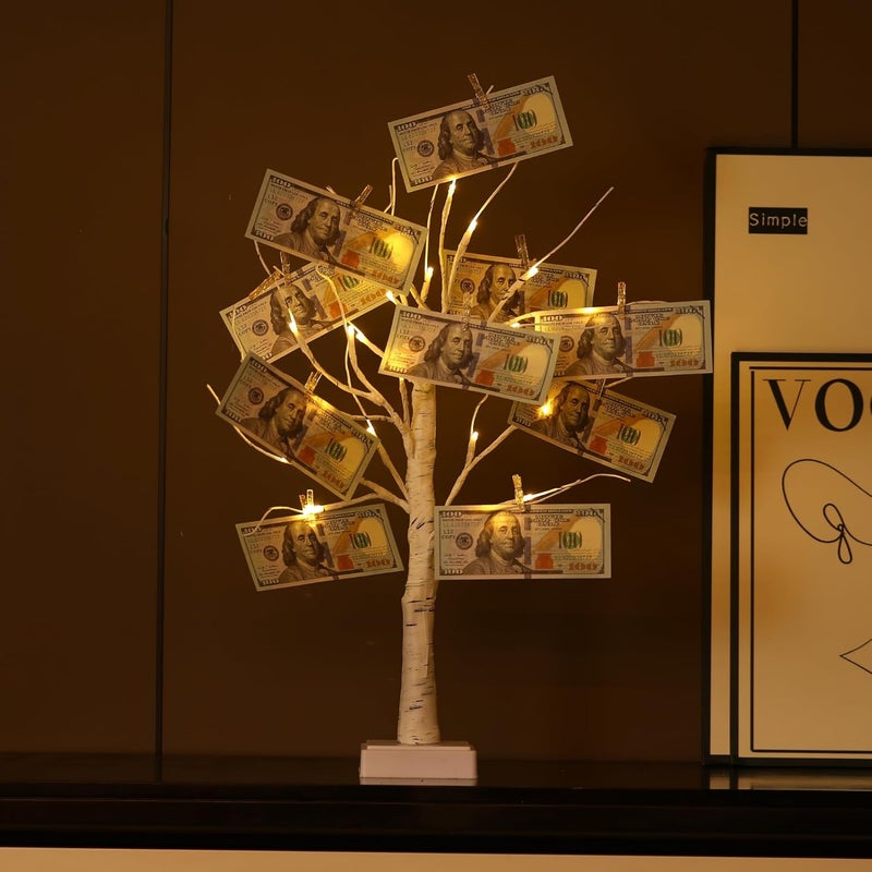 Nakolulu Money Tree Gift Card Holder 24 LED Birch Tree Lamp Battery/USB Powered Light Up White Trees Gift Card Holder with 22 Clear Clips for Photo Birthday Fall Thanksgiving Halloween Christmas - Image 5