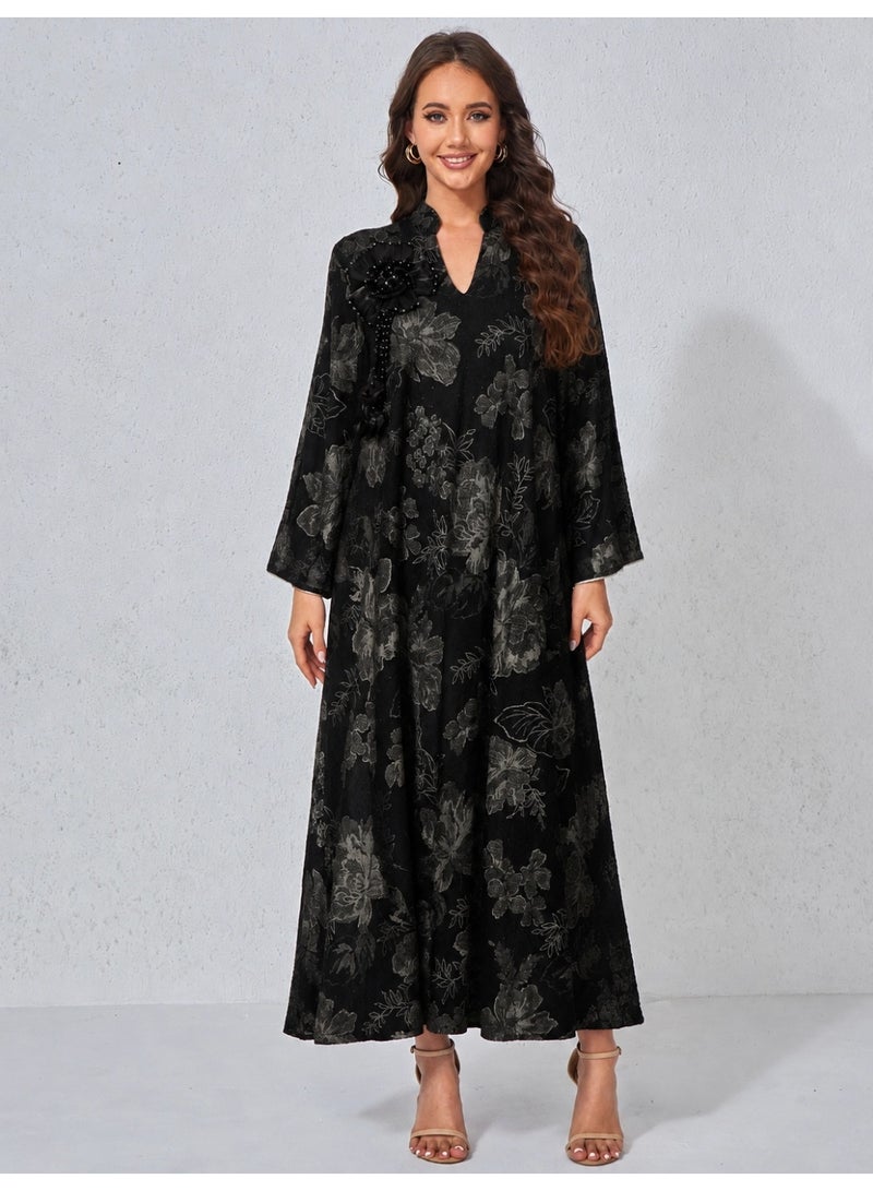 Kaiyuede Women's Black  Decoration Floral Jalabiya - Image 1