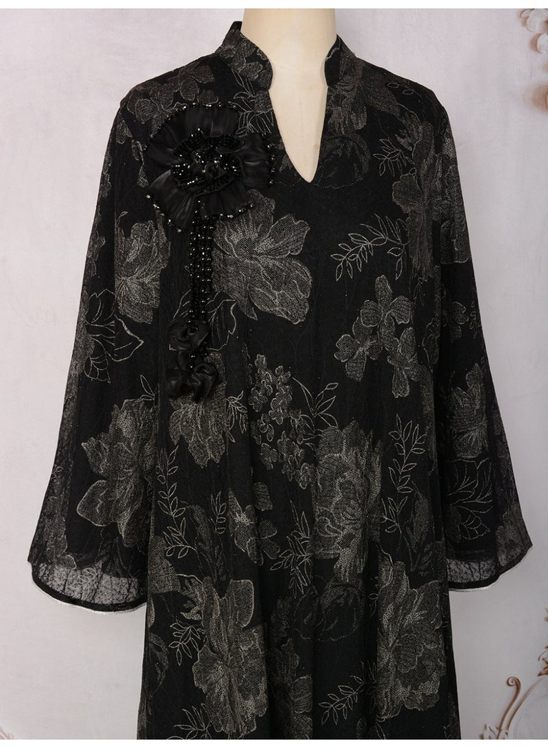 Kaiyuede Women's Black  Decoration Floral Jalabiya - Image 5