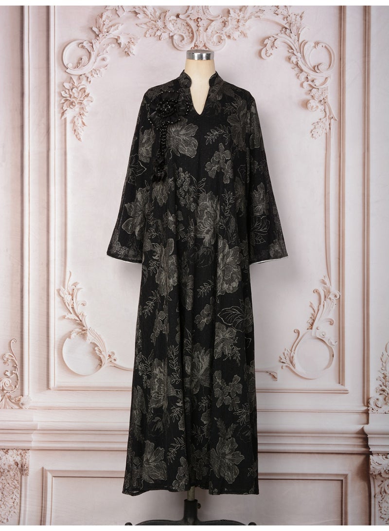 Kaiyuede Women's Black  Decoration Floral Jalabiya - Image 4