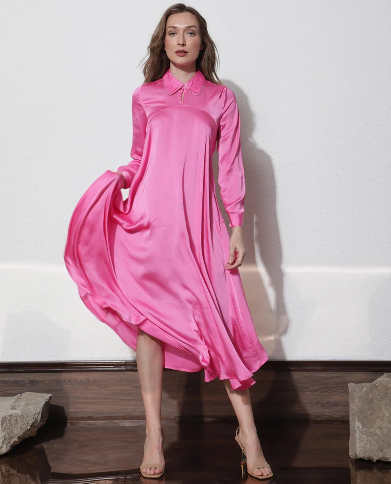 Rareism Women's Circular Flare Satin Gown With Embellished Details