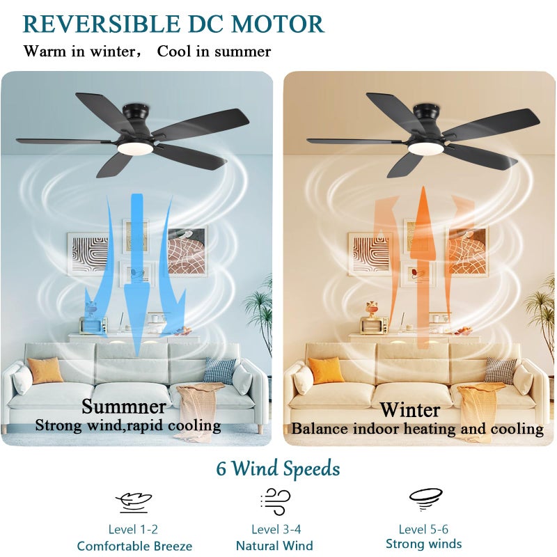 JSAITEE Ceiling Fans with Lights, 52 Inch Low Profile Ceiling Fan with Light and Remote Control, Flush Mount, DC Reversible Motor, Noiseless, Black 6 Speeds Ceiling Fan for Bedroom - Image 4