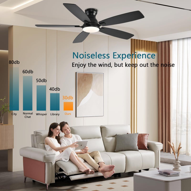 JSAITEE Ceiling Fans with Lights, 52 Inch Low Profile Ceiling Fan with Light and Remote Control, Flush Mount, DC Reversible Motor, Noiseless, Black 6 Speeds Ceiling Fan for Bedroom - Image 5