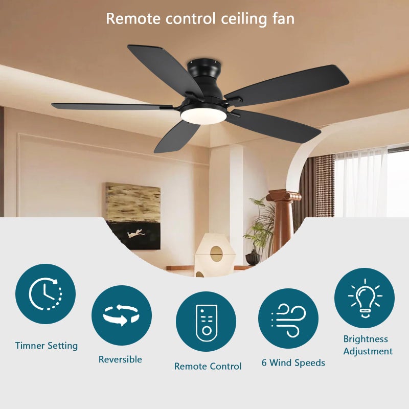 JSAITEE Ceiling Fans with Lights, 52 Inch Low Profile Ceiling Fan with Light and Remote Control, Flush Mount, DC Reversible Motor, Noiseless, Black 6 Speeds Ceiling Fan for Bedroom - Image 2