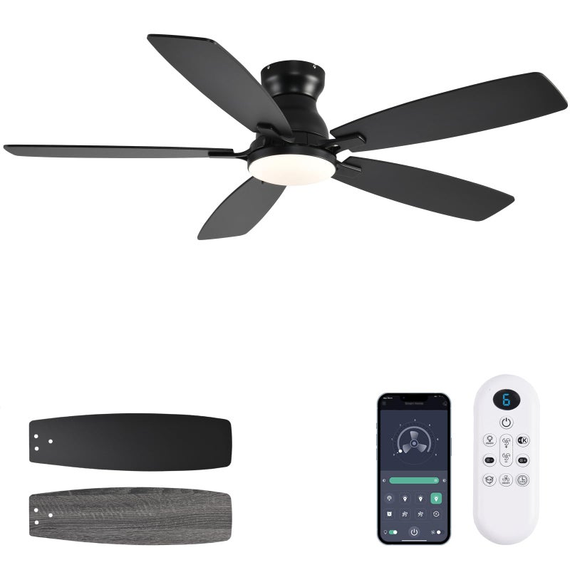 JSAITEE Ceiling Fans with Lights, 52 Inch Low Profile Ceiling Fan with Light and Remote Control, Flush Mount, DC Reversible Motor, Noiseless, Black 6 Speeds Ceiling Fan for Bedroom - Image 1