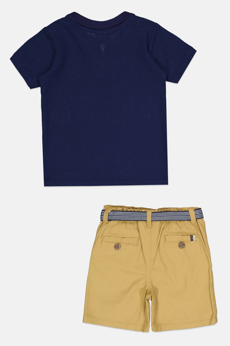 Fudo Toddlers Boy 2 pcs Embroidered Logo Polo Shirt And Belted Shorts, Navy/Tan - Image 2