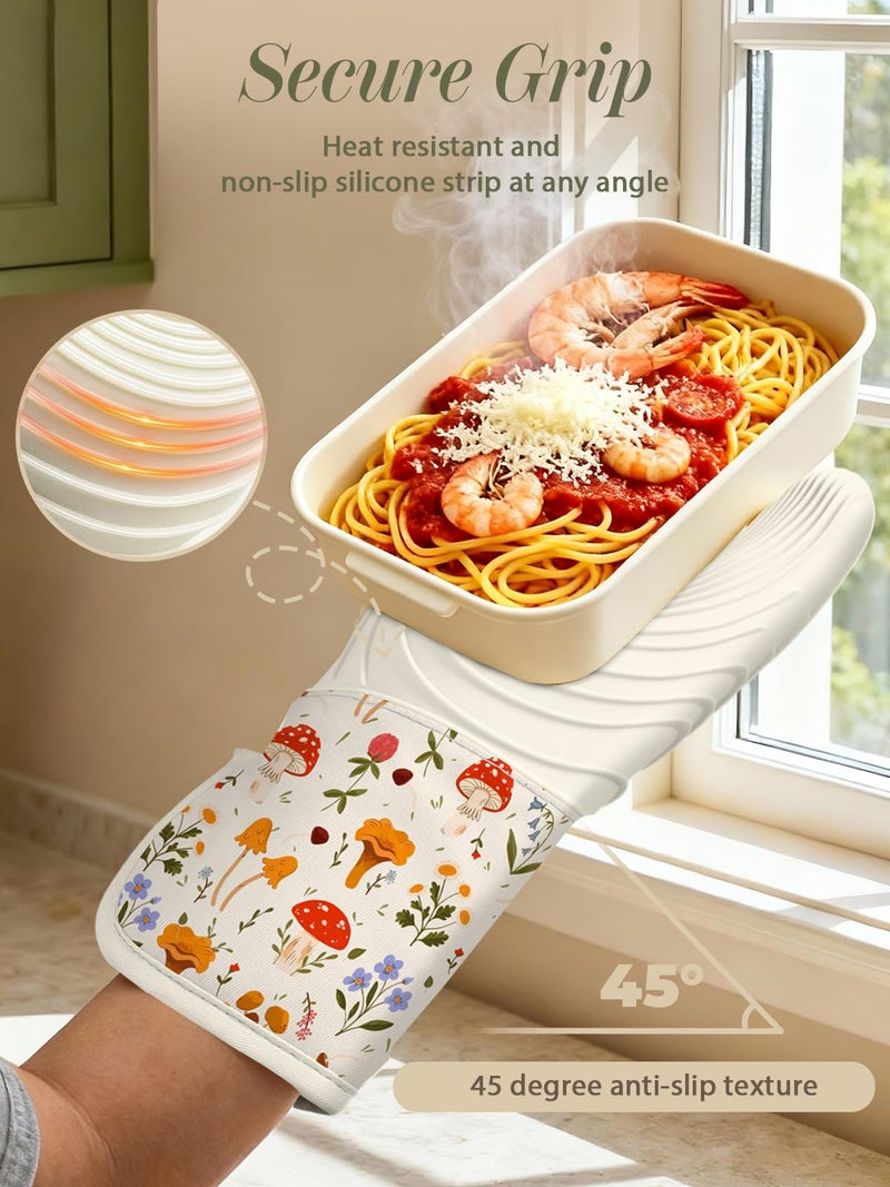 Slohif Long Silicone Oven Mitts Heat Resistant for Women - 2 Pcs Mushroom 100% Cotton Oven Gloves, Non-Slip and Waterproof Silicone Oven Mitts with Hanger for Baking and Cooking - Image 3