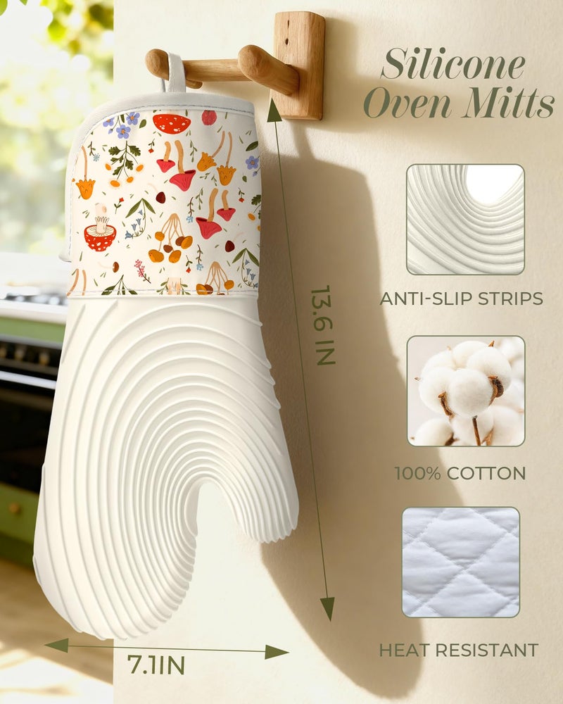 Slohif Long Silicone Oven Mitts Heat Resistant for Women - 2 Pcs Mushroom 100% Cotton Oven Gloves, Non-Slip and Waterproof Silicone Oven Mitts with Hanger for Baking and Cooking - Image 2