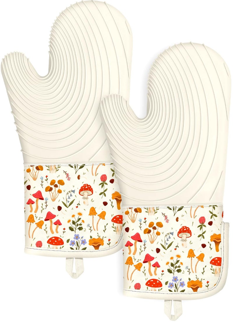 Slohif Long Silicone Oven Mitts Heat Resistant for Women - 2 Pcs Mushroom 100% Cotton Oven Gloves, Non-Slip and Waterproof Silicone Oven Mitts with Hanger for Baking and Cooking - Image 1