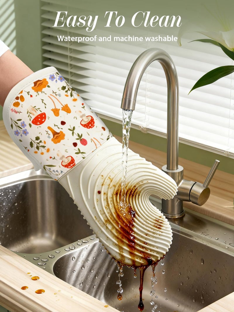 Slohif Long Silicone Oven Mitts Heat Resistant for Women - 2 Pcs Mushroom 100% Cotton Oven Gloves, Non-Slip and Waterproof Silicone Oven Mitts with Hanger for Baking and Cooking - Image 4