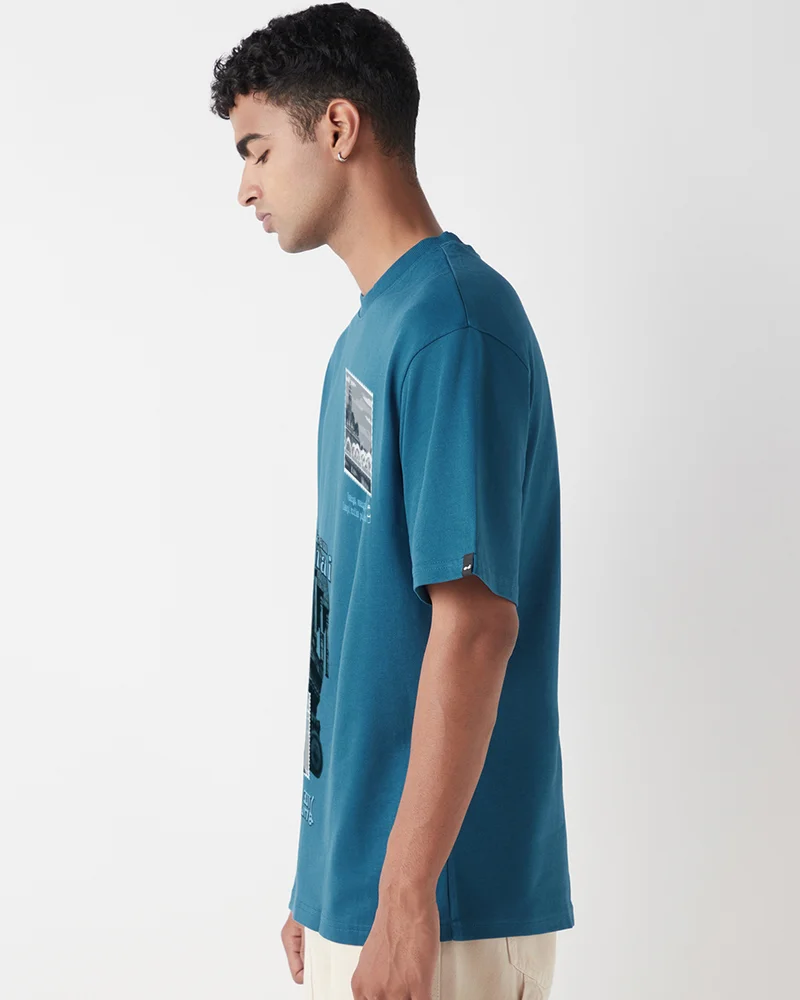 bewakoof Heavy Duty 1.0 Men's Morrocan Blue Chennai Graphic Printed Oversized T-shirt