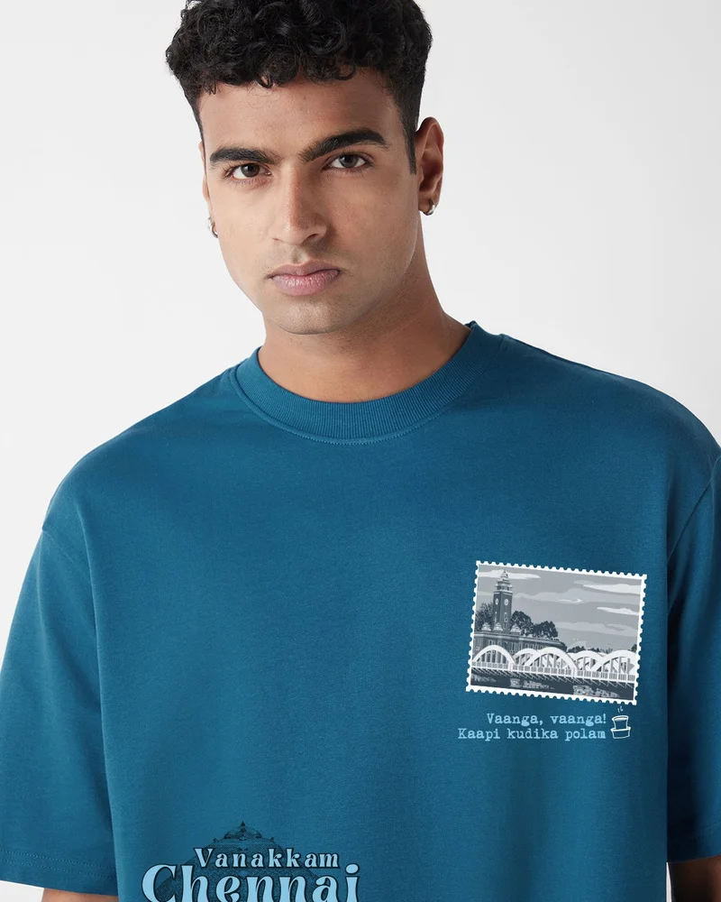 بيواكوف تيشيرت رجالي أزرق مغربي مطبوع برسومات تشيناي كبير الحجم