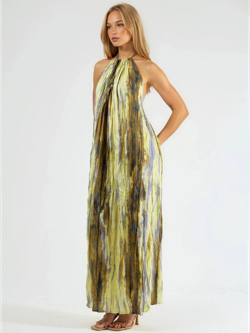 Qustyle QU STYLE Textured Patterned Maxi Dress with Halter Collar - Image 4
