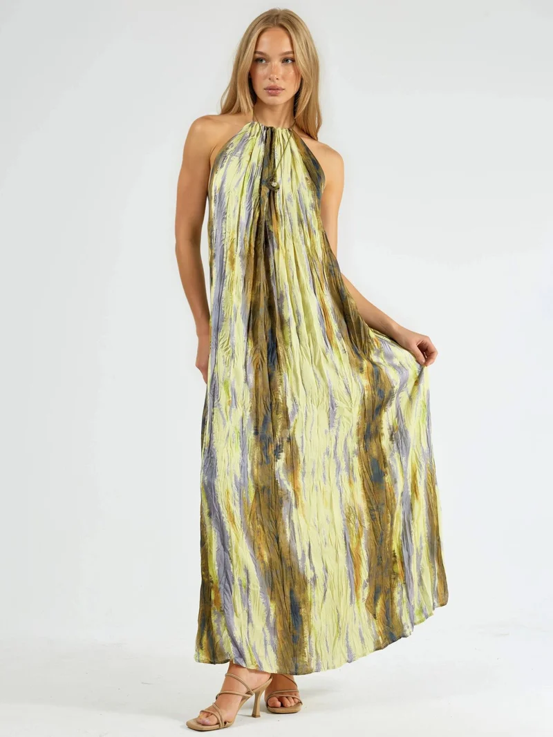Qustyle QU STYLE Textured Patterned Maxi Dress with Halter Collar