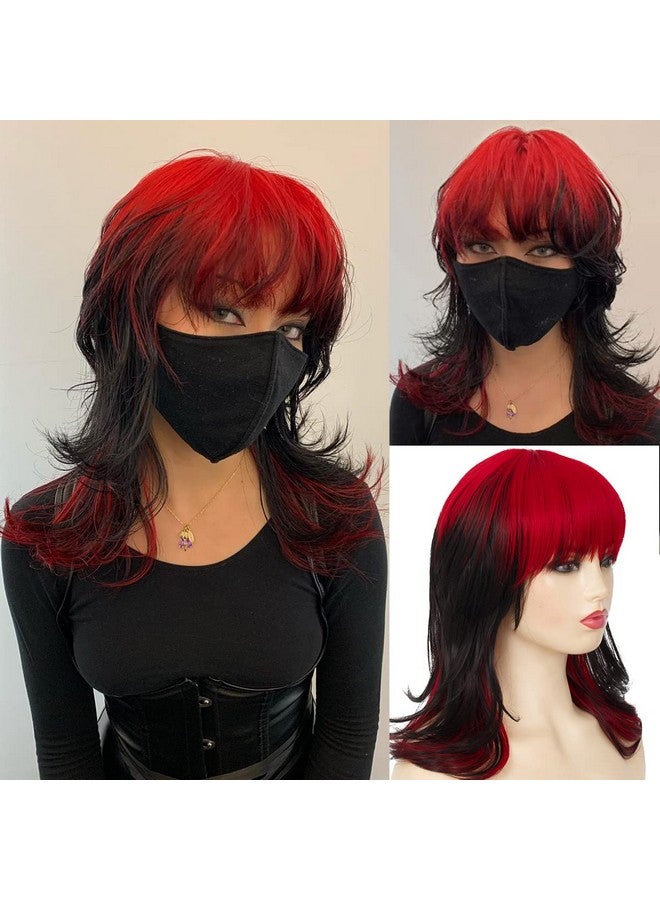 Baruisi Black Red Wigs for Women Shoulder Length Layered Shaggy Wig with Bangs Synthetic Halloween Cosplay Wig - Image 1