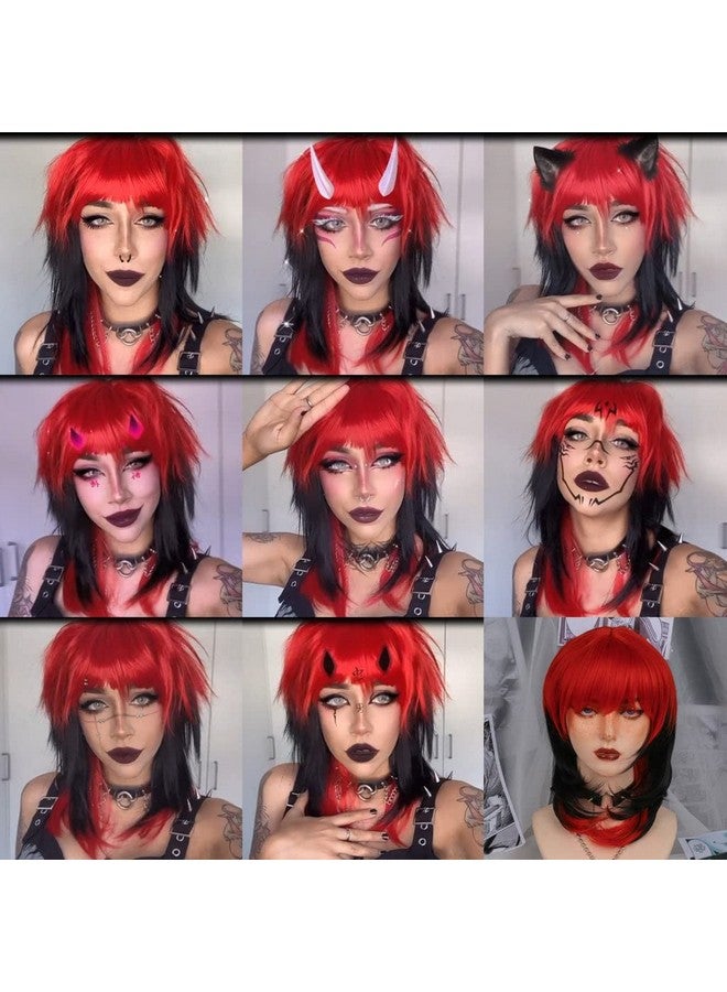Baruisi Black Red Wigs for Women Shoulder Length Layered Shaggy Wig with Bangs Synthetic Halloween Cosplay Wig - Image 5