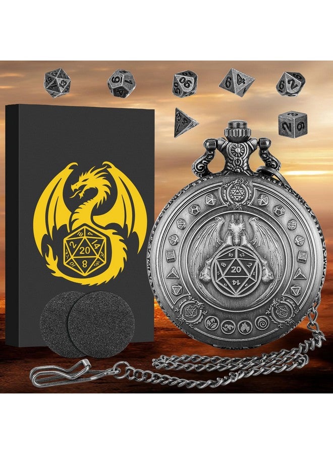 Keller & Weber Mini DND Dice Set Dragon Pocket Watch Shell Case, 7pcs Polyhedral Metal D&D Dice Set, DND Gifts with Gift Box, D&D Gift, Role Playing Board Games Accessories, Dark Silver  - Image 1