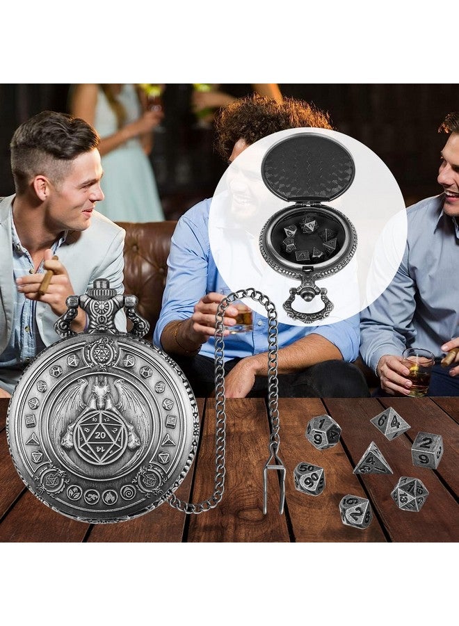 Keller & Weber Mini DND Dice Set Dragon Pocket Watch Shell Case, 7pcs Polyhedral Metal D&D Dice Set, DND Gifts with Gift Box, D&D Gift, Role Playing Board Games Accessories, Dark Silver  - Image 3