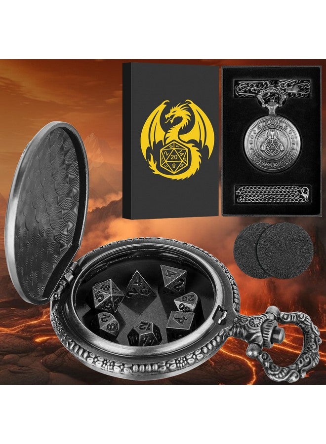 Keller & Weber Mini DND Dice Set Dragon Pocket Watch Shell Case, 7pcs Polyhedral Metal D&D Dice Set, DND Gifts with Gift Box, D&D Gift, Role Playing Board Games Accessories, Dark Silver  - Image 2