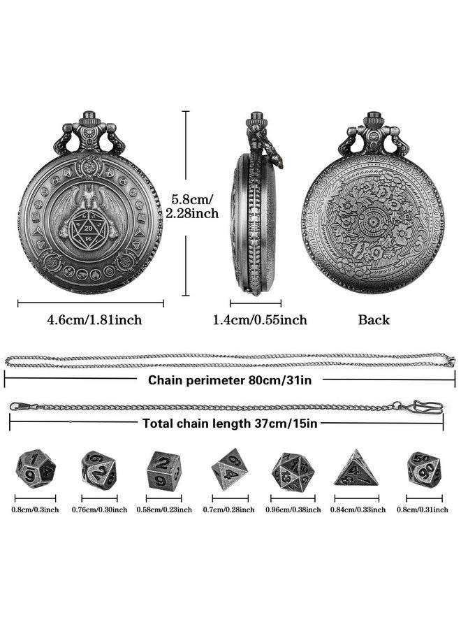 Keller & Weber Mini DND Dice Set Dragon Pocket Watch Shell Case, 7pcs Polyhedral Metal D&D Dice Set, DND Gifts with Gift Box, D&D Gift, Role Playing Board Games Accessories, Dark Silver  - Image 5