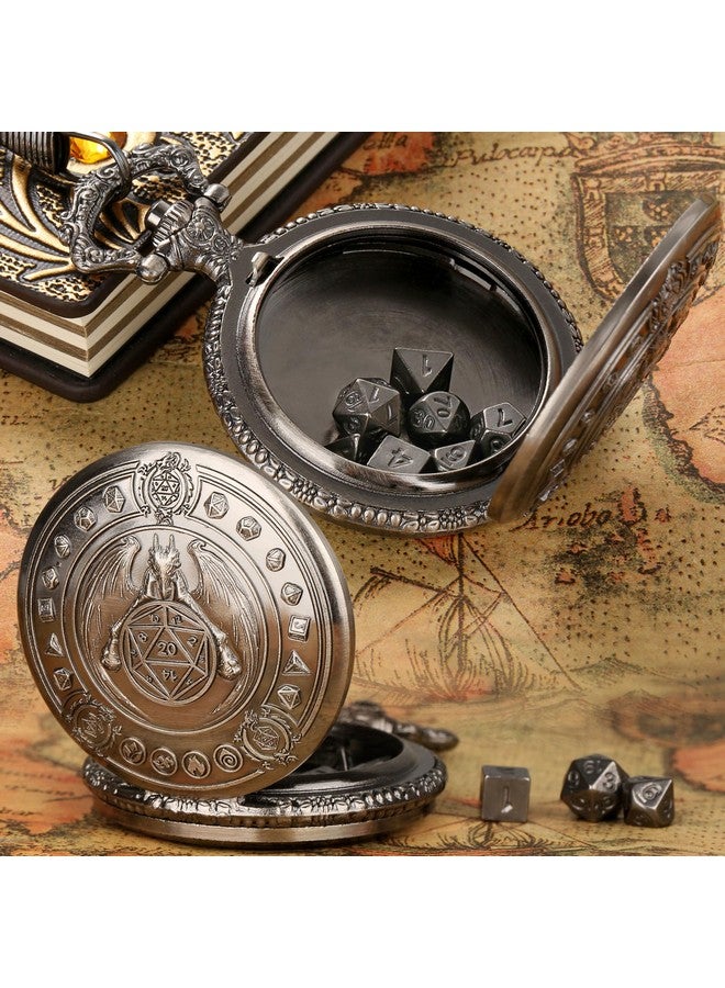 Keller & Weber Mini DND Dice Set Dragon Pocket Watch Shell Case, 7pcs Polyhedral Metal D&D Dice Set, DND Gifts with Gift Box, D&D Gift, Role Playing Board Games Accessories, Dark Silver  - Image 4
