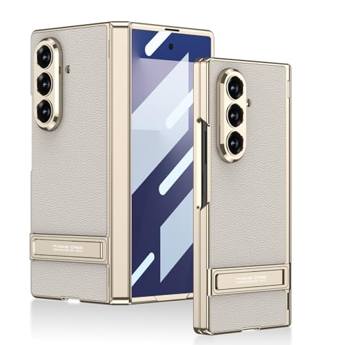 Midkart Magnetic Case Compatible with Samsung Galaxy Z Fold 7 Release 2025 Hinge Protection Leather Cover with Stand Electroplated Camera Protection, Beige & Gold - Image 1