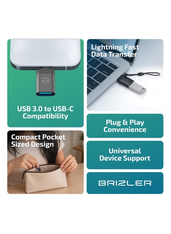 بريزلر محول USB 3.0 (ذكر) إلى USB-C (أنثى) - يدعم نقل البيانات بسرعة عالية تصل إلى 5 جيجابت في الثانية وتقنية الشحن السريع QC3.0 بقوة 18 واط - تصميم صغير ومحمول مزود بحبل تعليق - متوافق مع أجهزة الكمبيوتر المحمولة والأجهزة اللوحية وكابلات Type-C - اللون: أسود. - Image 2
