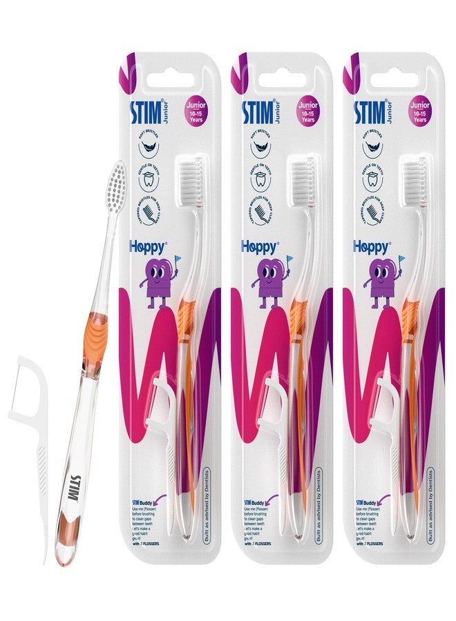 STIM Junior Kids Toothbrush | Soft bristles | 10 to 15 Years | Perfectly sized brush with thumb grip & tongue scraper | For Independent brushing | (Pack of 3) - Image 1