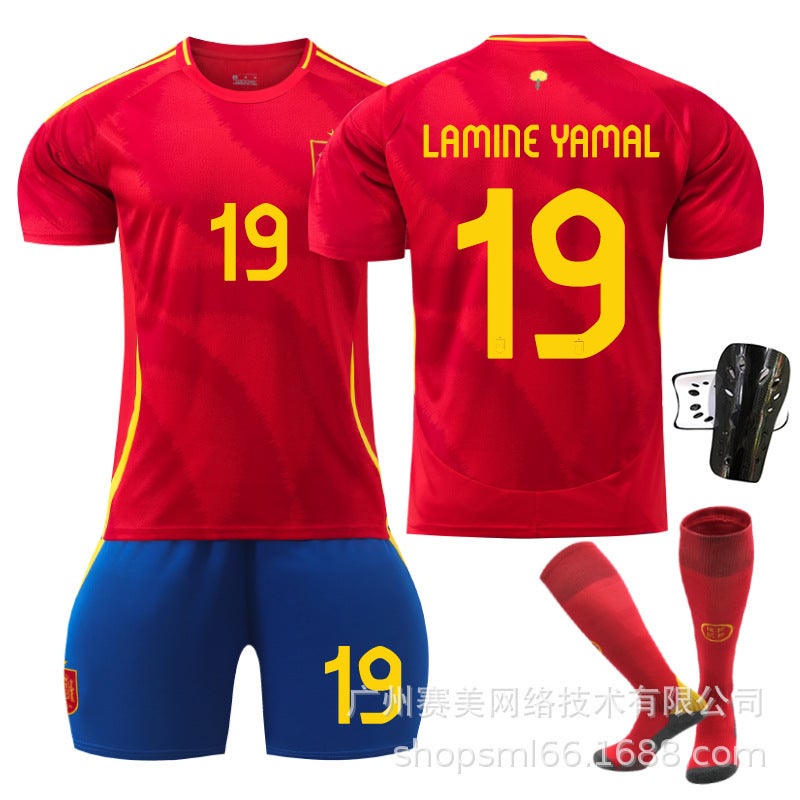 Generic Euro 2024 Spain Home 7 Morata 9 Garvey 19 Yamal Football Jersey suit Jersey Cross Border 19 size sock guard