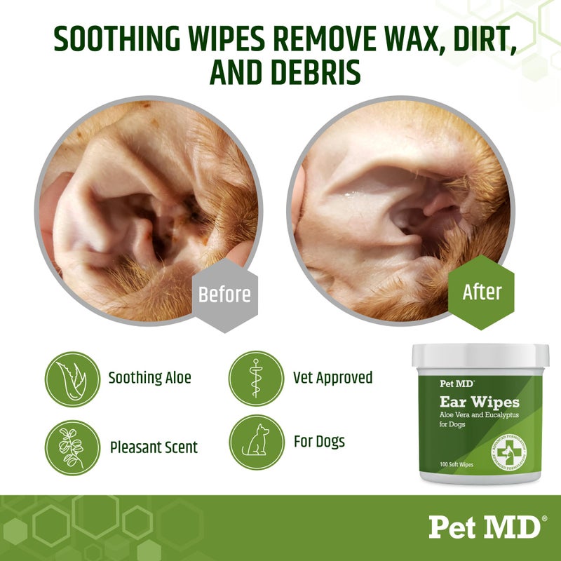 Pet MD - Dog Ear Cleaner Wipes - Otic Cleanser for Dogs to Stop Ear Itching, and Infections with Aloe and Eucalyptus - 100 Count - Image 2
