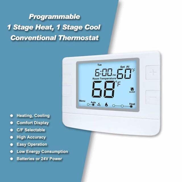 XuLuaba Programmable Thermostat for House, 1 Heat/1 Cool, Extra Large Display, White Backlight - Image 2