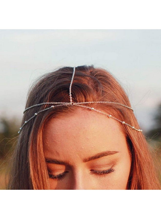 هالوتي سلسلة رأس من الخرز البوهيمي الفضي بطبقتين، سلسلة شعر مهرجانية، عصابة رأس من Eypsy، غطاء رأس قابل للتعديل للنساء والفتيات - Image 1