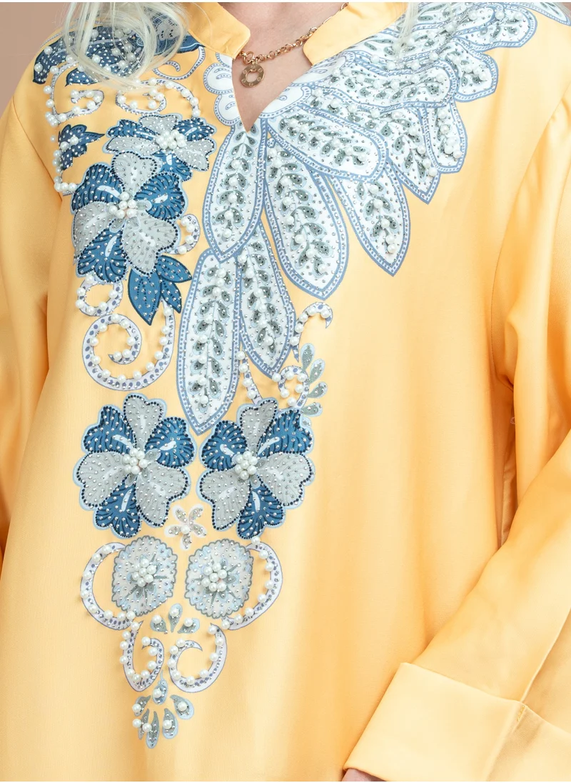 IKKXA Modern Embelished Printed Jalabiya CJ1067 Yellow